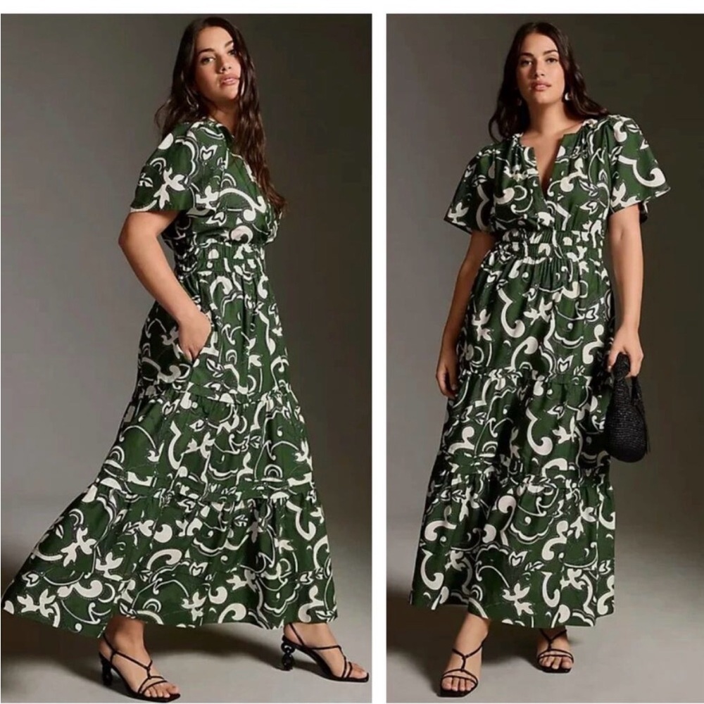 Anthropologie Somerset Green and White Patterned Dress- 1X